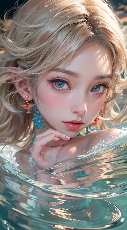 Low Girl, 10 yagon Princess, Close-up face, (Highest quality realistic textured skin),(terrible),(got it, round, Symmetrical eyes),Delicate facial features,(Burning bright cold eyes), She has beautiful tiger eyes, Very slim and slender figure, naked, nude, (She has a mischievous smile),(Her face is kind and beautiful),Glass earrings in the ears,,(Blonde Hair),(Silvery white hair),(Chestnut Hair),(Swim at the bottom of the ocean),(Full body portrait:1.5),(Dramatic Photos:1.4),(Dramatic Pose),(Flashy photos)(look up),(Looking down),(Around her neck is a simple necklace made with exquisite craftsmanship.),Cluttered photos,(Hair flowing in water:1.5),(In the water, Life at sea, 美しいCoral Reef, fish),(Background vortices and currents),(Dramatic Light),(Nice views),(Surrounded by beautiful dragons),遠くの背景にはCoral Reefに沈んだ寺院が見える,Coral Reef,Spectacular realism,Cinematic feel,(High-density image review:1.5),(Soft colors:1.2),Very detailed,Dramatic Light,(Intricate details:1.1),Complex background,
