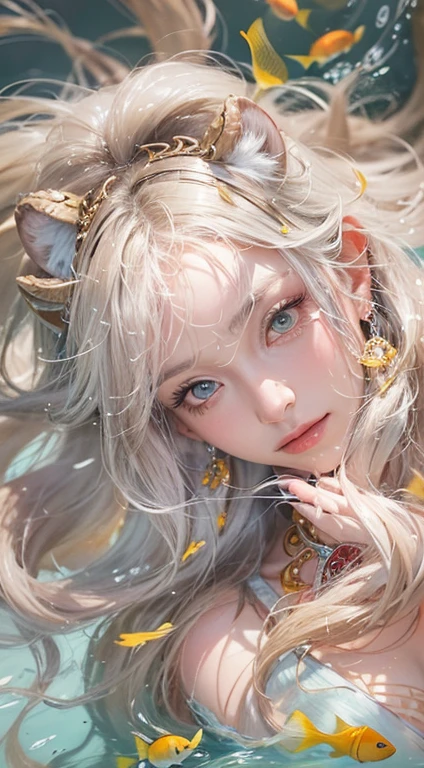 Low Teen Girl, 10 years old, Dragon Princess, Close-up face, (Highest quality realistic textured skin),(terrible),(got it, round, Symmetrical eyes),Delicate facial features,(Burning bright cold eyes), She has beautiful tiger eyes, Very slim and slender figure, naked, nude, (She has a mischievous smile),(Her face is kind and beautiful),Glass earrings in the ears,,(Blonde Hair),(Silvery white hair),(Chestnut Hair),(Swim at the bottom of the ocean),(Full body portrait:1.5),(Dramatic Photos:1.4),(Dramatic Pose),(Flashy photos)(look up),(Looking down),(Around her neck is a simple necklace made with exquisite craftsmanship.),Cluttered photos,(Hair flowing in water:1.5),(In the water, Life at sea, 美しいCoral Reef, fish),(Background vortices and currents),(Dramatic Light),(Nice views),(Surrounded by beautiful dragons),遠くの背景にはCoral Reefに沈んだ寺院が見える,Coral Reef,Spectacular realism,Cinematic feel,(High-density image review:1.5),(Soft colors:1.2),Very detailed,Dramatic Light,(Intricate details:1.1),Complex background,