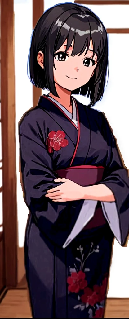 A girl with bob hair is standing in a kimono at a ryokan, her eyes slightly open, smiling and looking to the side.。
