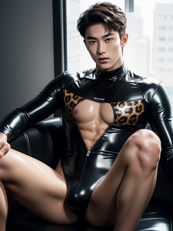 Korean, ager, latex、Leopard print bodysuit、,bulge , tiger print bodysuit、The legs are also visible、whole body , realistic handsome Korean face , Natural Muscle , Beardless face、masterpiece、High resolution、Hyperrealism、Detailed face、alone、male、Glowing Skin、(Asian)、(young、teen)、handsome、Detailed Background、good looking