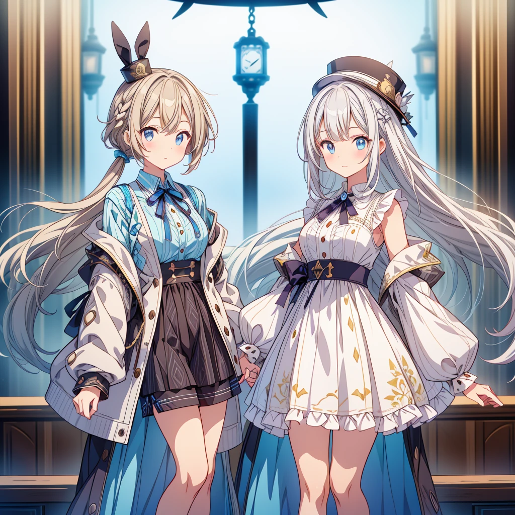 One girl、Standing in front of the viewer、Character Design、highest quality、VTuber - whole body、Milky white short hair、masterpiece、Official Art、The best configuration、Long straight hair with milky white top and blue tips、Sherlock Holmes costumes、Sherlock Holmes Herringbone Hat、A poncho with the same pattern as the hat、Brown spring coat、White shirt and shorts with the same pattern as the hat、magnifying glass、Detective、Pocket watch hanging around neck、Stand in front of the audience、Simple Background、Clothes are symmetrical、A cute anime rabbit on your head、