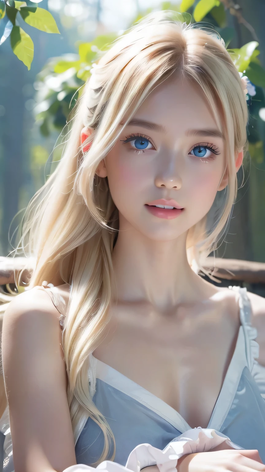 masterpiece、highest quality、High resolution、Highly detailed photos、Professional Lighting、(((Upper body naked)))、Strike a Pose、Sexy maid in the magical forest、The frilly apron must be worn on the lower body only、Portrait、Bright expression、Young shiny glossy white glossy skin、Great looks、Blonde reflection、Platinum blonde hair with dazzling highlights、Shiny bright hair,、Smooth, super long, straight hair、Shiny beautiful bangs、Sparkling, crystal clear, attractive big blue eyes、Very beautiful lovely cute 22 year old girl、Ample Bust、ponytail、Cowboy Shot、Photorealistic