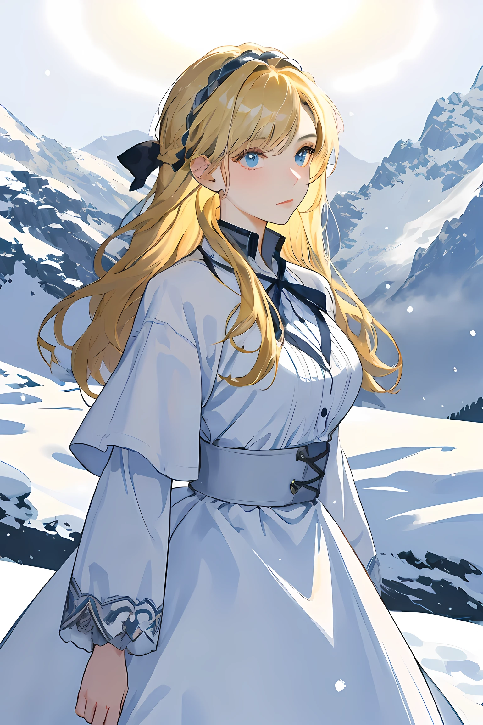 Masterpiece, best quality, Beautiful blonde woman standing in the snowy mountains with colorful, perfect lighting