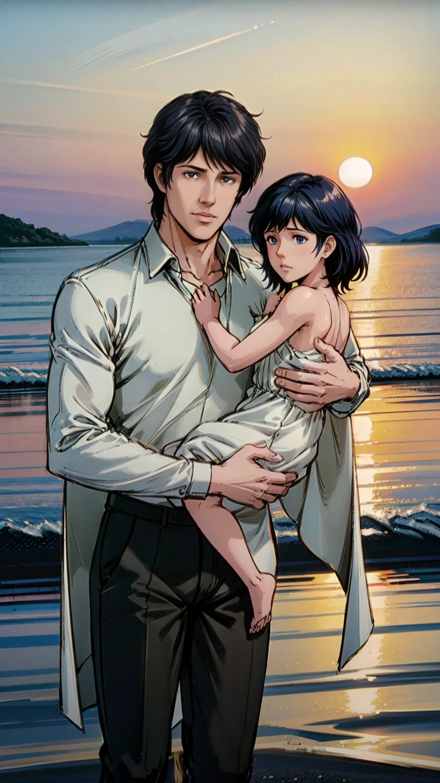 (masterpiece, Best quality, a high resolution, ultra detailed),(Beautiful and aesthetically pleasing:1.2), detailed eyes and face, full body, 1 man, adult, black hair, black eyes, male body, Beautiful body, perfect body, 1 , , man holding baby in his arms, father and daughter, Yang Wenli and his daughter, beach, sunset