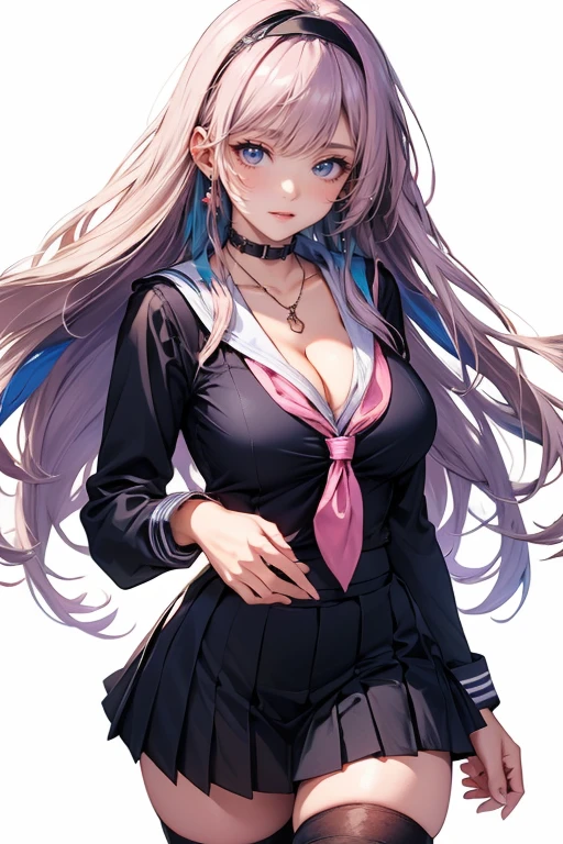 (cowboy shot: 1.5), (white background, simple background: 1.5), (masterpiece:1.5), (big breasts: 1.5), (1 girl: 1.5), young woman, (Beautiful Girl:1.5), (extremely detailed and delicate anime face and eyes:1.5), whole body, (natural light, HDR, extremely details CG:1.3), (dynamic posture: 1.3), {correct body anatomy}, (wide hips: 1.3), (perfect hands: 1.5), single focus, toned body, Beautiful Lips, thick lips, {surreal}, {correct posture}, {minutes details}, {detailed body}, {detailed clothing}, (Bright Eyes: 1.3), (cleavage: 1.3), {accessories}, {sexy}, school uniform, sailor suits, (school sailor suit: 1.5), blue sailor uniform, (sailor fuku: 1.3), zettai ryoiki, (dark brown pleated skirt: 1.3), black skirt, (black shirt: 1.5), (black long sleeves: 1.3), (navy blue sailor collar: 1.3), serafuku, (white thighhighs: 1.5), ribbon, (pink neckerchief: 1.3), pink sailor tie, bracelets, black choker, dark brown heels shoes, earrings, (hairclip, hair accessories: 1.5), necklace, (long hair: 1.5), (high ponytail: 1.5), (two-tone hair: 1.5), (silver hair: 1.5), (blue hair: 1.3), (lavender hair: 1.3), (sidelocks: 1.5), (parted bangs: 1.5), glowing hair, (bright purple eyes: 1.3),