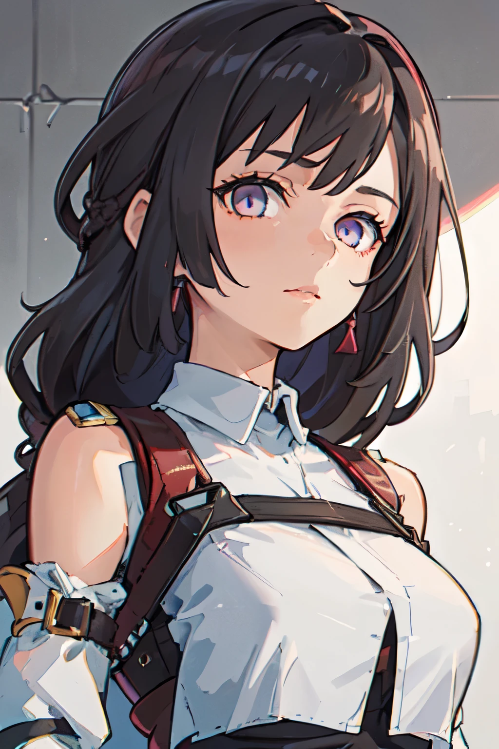 1girl, young woman, solo, long hair, big hair, (forehead:1.2), Lilac eyes , (black hair), medium breasts, neutral, red lipstick, (overcoat, black coat, open coat:1.2), white shirt, collared shirt, (chest harness, shoulder strap:1.15), black leather shorts, garter belt, gloves, from below, elegant, looking at viewer, standing, chromatic aberration, (close-up to face:1.3), face only masterpiece, best quality, 4k