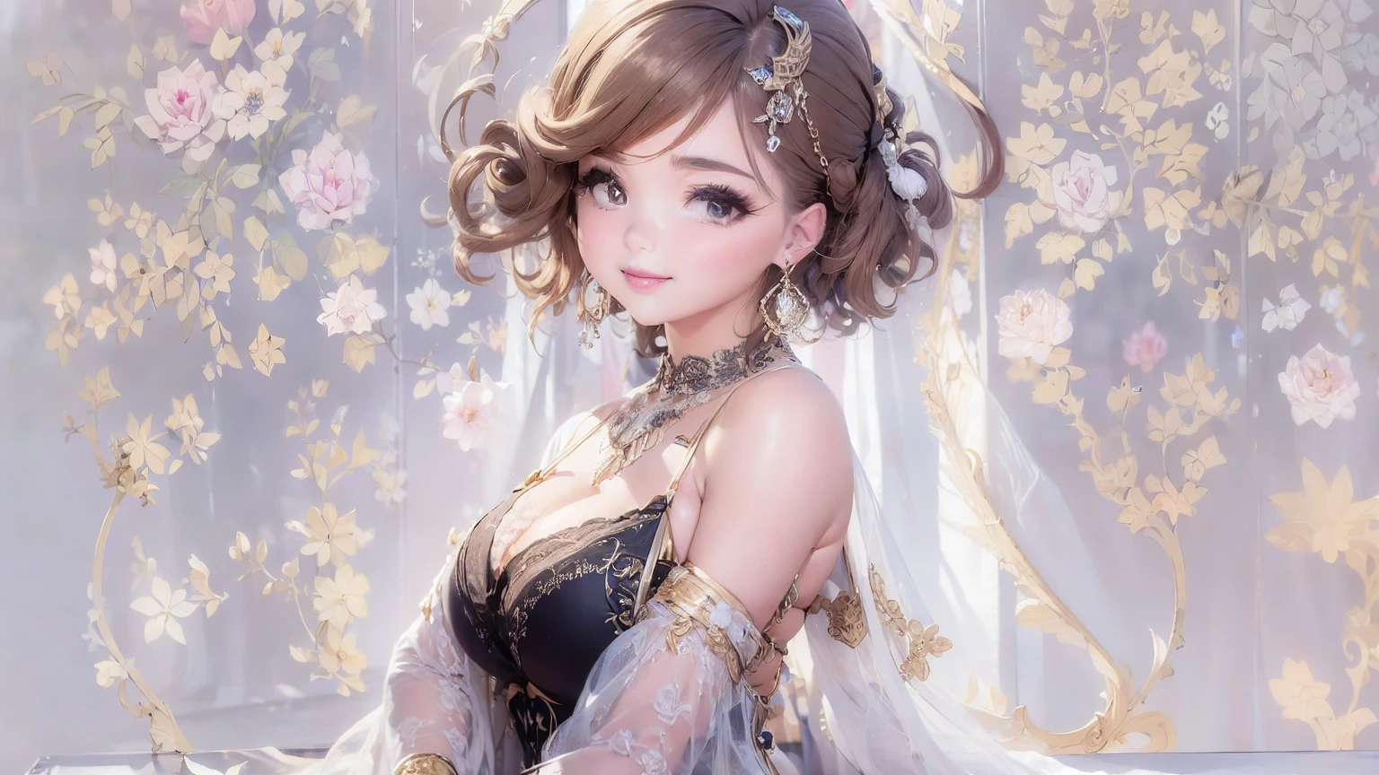 Mature Woman, Looking at the audience, Attractive breasts,Sensual curves、bubble、Full Body Shot,Nightgown, Charming smile, Thick lips, plump唇, blush, Looking at the audience, Provocative expression, Beautiful Hairstyles, Cleavage, plump、Curvy Hips、Attractive face、Mischievous face、Sexy Lingerie、An inviting gaze、Expressing emotions、colored feather, Money属装飾品, particle, Light, (masterpiece, highest quality, highest quality, Official Art, beautifully、aesthetic:1.2), (1 girl:1.3), Very detailed,(Fractal Art:1.1),(colorful:1.1)(flowerズ:1.3),Most detailed, (Dynamic pose), (Shiny skin), (Many colors :1.4), ,(Earrings:1.4), (feather:1.4),masterpiece,Mr.々Hair style,Moneyのヘッドバンド,Tulle covers the chest,Perfect balance, Detailed details of the garment,marble,cinematicLighting, Film Grain, contrast of Light and dark,High detail,(((Gorgeous Accessories))))、Openwork decoration,(((See-through dress)))、(((Anatomically correct body))) ,1 girl, (High resolution), (8k), (Very detailed), Perfect Face, Beautiful eyes and face, (((highest quality))), (Very detailed), Detailed face and eyes, Beautiful Eyes,(((Sexy pose))),Beautiful Eyes、Transparent double eyelids、(((Super gorgeous background)))、Bright Eyes,Money,diamond,gem,Body Chain,Luxury Accessories,beautifully、aesthetic,flower、(((Super gorgeous background)))、Bright Eyes