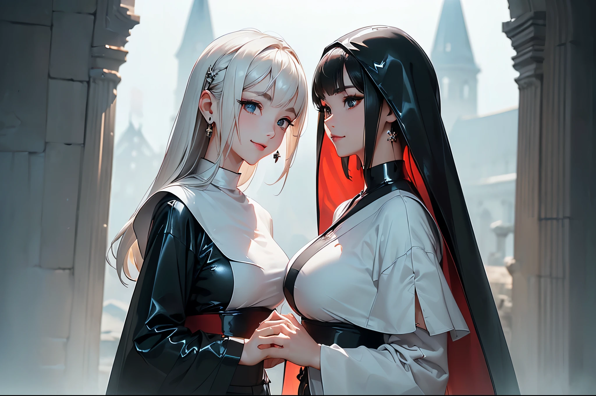 ((Biologically correct limb count))、((Full-body photo including face))、4K、masterpiece、((Focus on the face))、((Symmetrical facial features))、Eyes of meticulous depiction、Beautiful woman、Excellent style、Beautiful feet、(Black Stockings、High heels with anklets）、Detailed depiction of the face、Small earrings、necklace、((Close-up photo of the upper body))、(Latex shirt、Latex skirt、Monastic Clothes）、Scenery of the old castle、（Low - Angle）、(smile)、((Thick morning fog all around)、I can&#39;t see anything around me)、((Face down on the bench、Lying down))