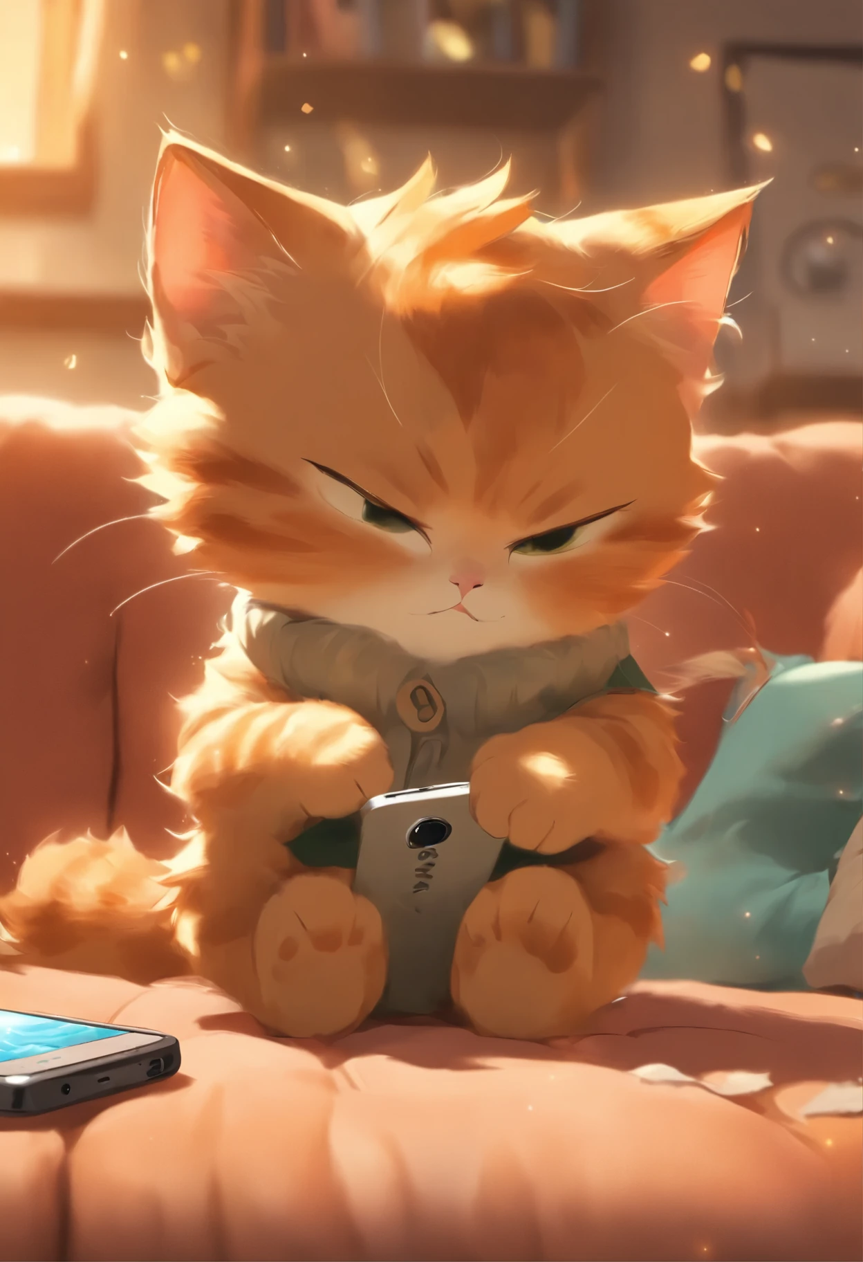 Living room, fat ginger kitten (named Little Ginger) sitting on the couch, holding a smartphone, playing with full concentration.
Fat Ginger Kitten (named Little Ginger) : (Eyes wide, focused on the smartphone)