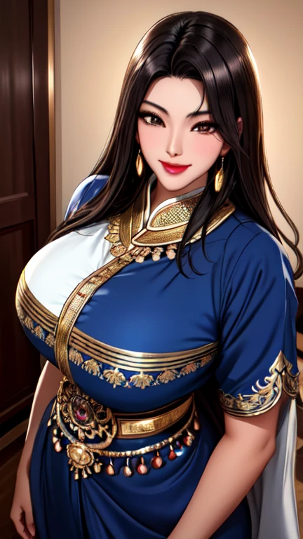 masterpiece, 4k, (Beautiful dark-haired Asian woman: 1.2), portrait, High quality art, High resolution, High resolution, in the center, symmetrical, excellent anatomy, swollen lips, smile, surprised, blush, lipstick, beautiful eyes, smooth skin, beautiful woman, jewelry, Moroccan Caftan, blue fabric with gold embroidery, (focus on upper body: 1.2), style, woman, looking at the viewer, smile,  symmetrical, in the center, close, woman, athletic, fit, tight waist, realistic body proportions, realistic, photo-realistic, 8k, very detailed, LED light, Laser Light, fruit flavored, bright, anatomically correct, symmetrical anatomy, Ulzzang-6500