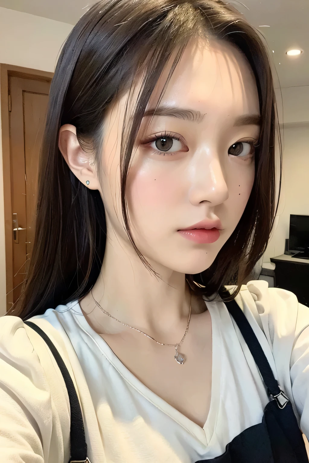 ((best quality, 8ก, Masterpiece :1.3)), 1 girl,(Random hairstyle), Casual wear :1.2, indoor, Extraordinarily detailed face, Detailed eyes, Double eyelids