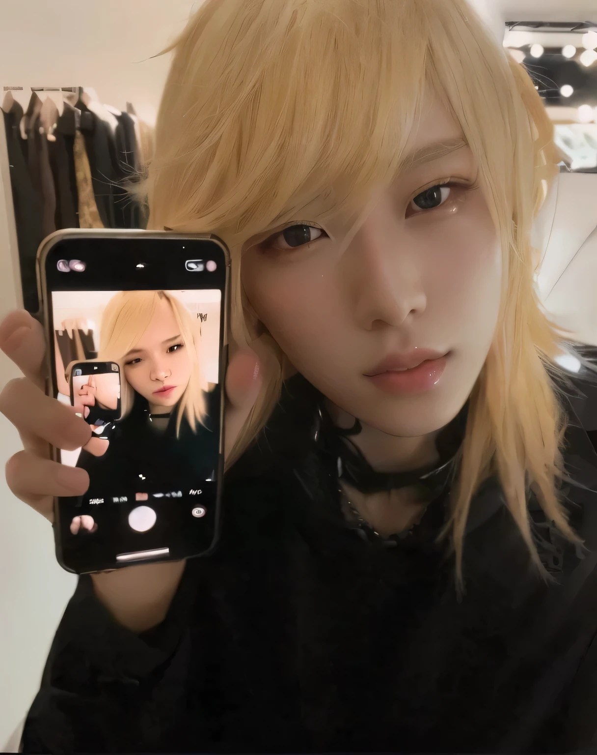 blond haired girl holding up a cell phone with a picture of herself, 8k selfie photograph, portrait a woman like reol, iphone selfie, portrait of jossi of blackpink, photo on iphone, male ulzzang, ulzzang, professional iphone photo, captured on iphone, iphone picture, kim doyoung, jossi of blackpink, jinyoung shin, cai xukun