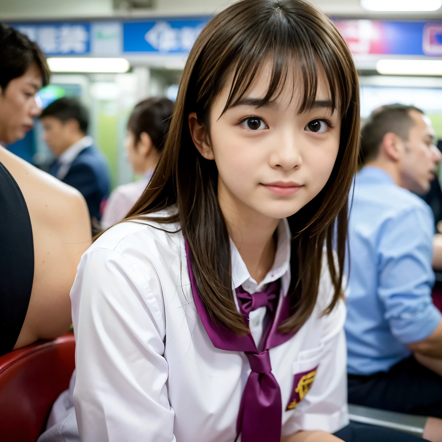 (Best-quality, Masterpiece, Ultra-High-Resolution, (Photorealistic:1.4), Raw Photo, depth of field, professional lighting, perfect ???????, extremely details), 1girl, 15-years-old, the most famous Japanese idol, on crowded-train, ((wearing Japanese high-school uniform)), ((((extremely cute orgasm-face), extremely cute and extremely big orgasm-eyes, extremely beautiful orgasms-skins))), looking at viewer, detailed crowded-train