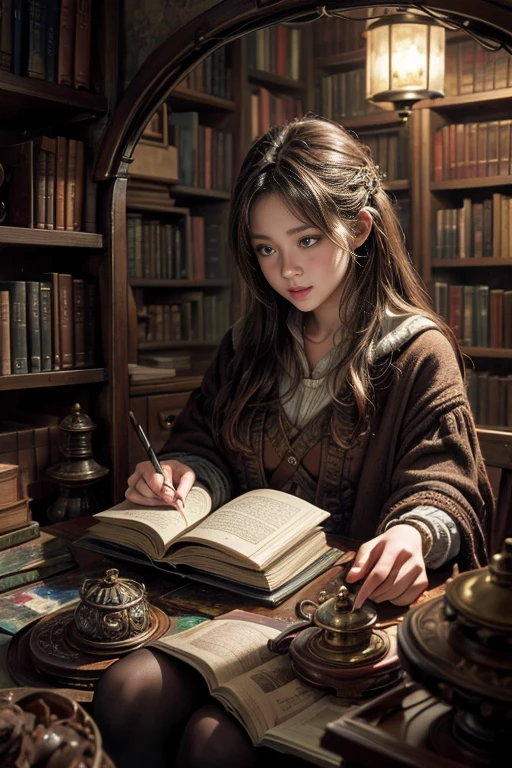 "Realistic painting, ((attractive)) Scene of a girl engrossed in reading, Antique books, cozy hobbit cave, A complicated watch with moving gears, ((nostalgic)), detailed, Warm palette"