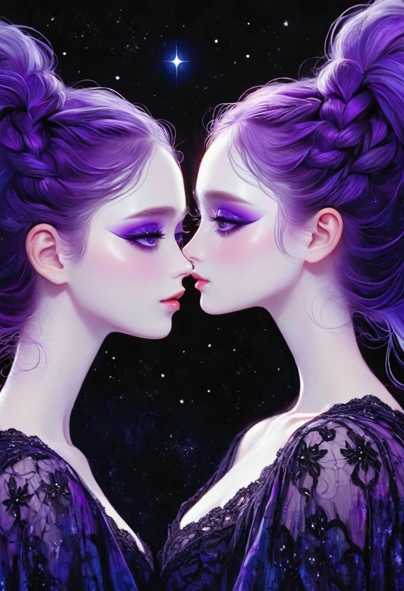 rough texture,Hand drawn style:A couple of lovers staring at each other,Fractal Art,yinji, purple hair, purple eyes, long hair, double braids, gradient hair, Gothic style clothing,see-through clothes,Lace ,Dark Fantasy,Dramatic lighting,cinematic composition, Theatrical atmosphere,Chiaroscuro,Gothic,Melancholy,mystery,Ethereal atmosphere,universe,Psychedelic,dream,fear,Milky Way, Night sky, Star,