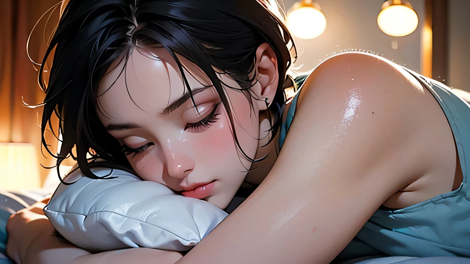 1 Girl, Top Quality, Masterpiece, Ultra High Resolution, (Photorealistic:1.4), RAW Photo, 1 Girl, Short Haircut, See Through Spaghetti Strap Shirt, Film Lighting, Half Body Portrait, Half Body Shot, Bedroom, Naked But covered with blanket, short cut, whimsical lighting, enchanting atmosphere, bokeh, dreamy decoration, whimsical lighting, enchanting atmosphere, sleepy face, eyes closed, lying on futon, pillow hug