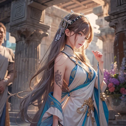 Hiding in the tomb、Hair flow、 ((highest quality、masterpiece、8k、Best image quality、Ultra-high resolution、Award-winning works)、(Accurate anatomy:1.1)、(Look at me and smile:1.1)、Shining fair skin with Ultra-high resolution、The most detailed face、Ultra-high resolution detailed face、Ultra-high resolutionの髪の毛、(Ultra-high resolutionの煌めく瞳:1.1)、Beautiful face drawn in every detail、Ancient Greek Clothing, Chest to chest, tattoo, Old ruins in the background、Ghosts around her