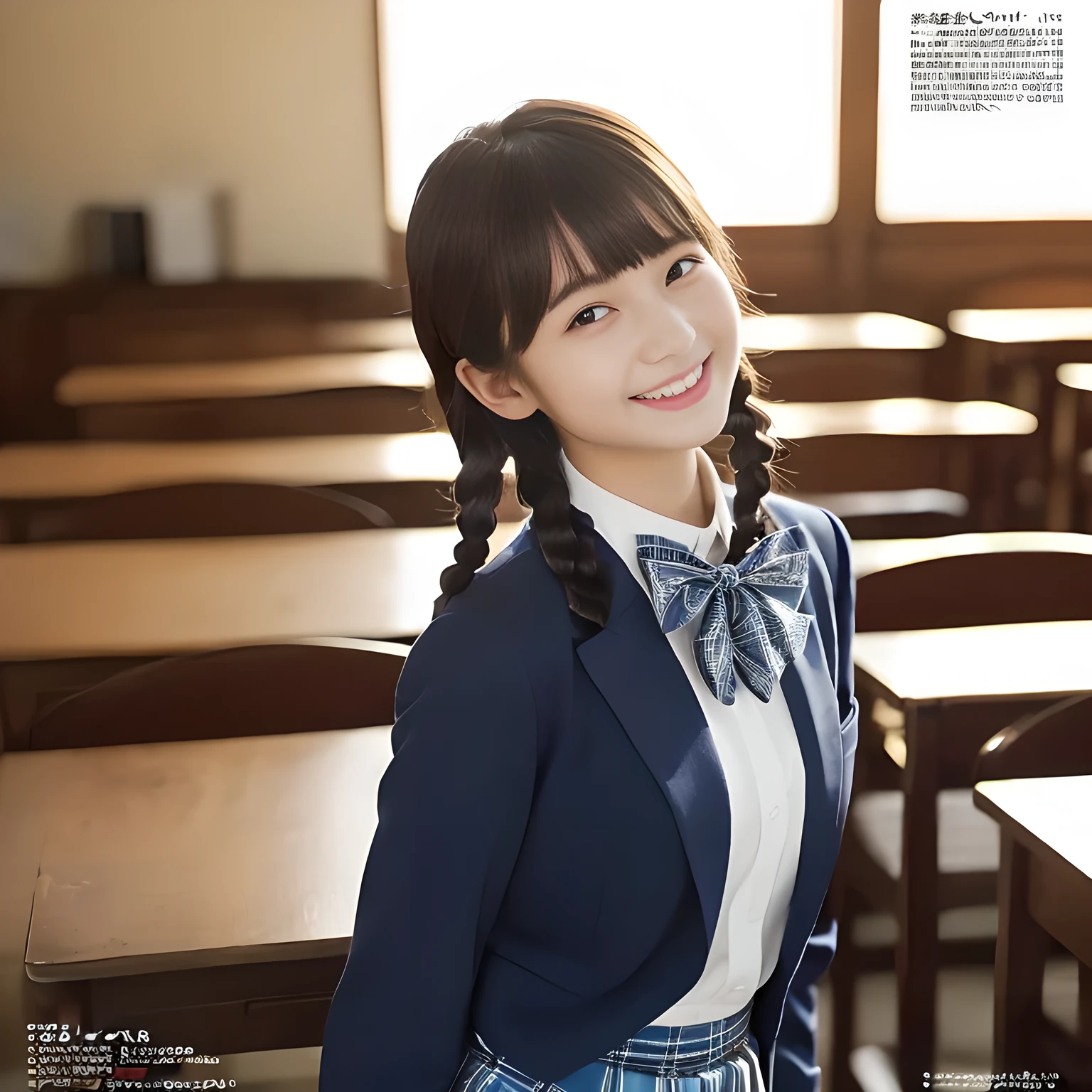 (highest quality, masterpiece:1.2), highest quality, Realistic, photograph, High resolution, 1080p, 8K, Physical Rendering, ((Height: 155cm)), ((((((Some beautiful Japanese fashion magazine's fashion models are looking straightly at the viewer)))))), (((big very detailed beautiful dark brown eyes))), ((((Everyone is loving and laughing at me!)))), detailed fingers, (((curled blunt bangs))), ((((Very noble and cute eyes, carefully drawn with great attention to detail)))), ((double eyelids)), (((long eyelashes))), ((cute lovely lovely laughing laughing cheeks)), ((The pure white light hits my nose and cheeks. Her eyes and white facial skin shine beautifully white.)), (((((Her facial features are very expressive noble smile, very sweet, very very intelligent))))), ((((impressive plain navy large school ribbon bow tie in plain)))), ((((black very beautiful and very long braids hair)))), (((blue and navy colored tartan checkered formal long pleated skirt))), ((((A formal dark blue blazer in solid that is slightly oversized and with a golden emblem)))), ((As elegant as a noble princess)), ((Dancing in a light white women's classroom)), ((The whole body with impressive noble skirt from the side))