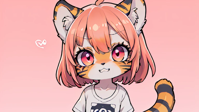 (obra maestra, Alta calidad, mejor calidad, 8K, high resolution), ((estilo chibii, Chibi lindo)), (solo, 1 girl), {Tiger Girl, cara de tigre, 2 colmillos, long eyelashes, delineador de ojos} {bigotes de tigre}, (((Piel de tigre por todo el cuerpo., Rayas de tigre en el cuerpo.))), (pelo naranja), cabello corto, Pinza para el cabello, [[Pinza para el cabello white flower on hair]], ((Muy feliz)), ((boca abierta)), ojos naranjas, [pupilas negras], ((buscando)), (very small breasts), brazos delgados, (un brazo arriba, un brazo hacia abajo), axilas, ((mini camiseta rosa, camiseta rosa completa)), {shorts blancos}, {{{mini cola de tigre, Cola en la espalda}}}, (cuerpo completo), (((de pie, jump angle))), dynamic pose, Fondo blanco, fondo sencillo, ((((Estilo Tora-chan no Hanayome)))), (old anime style 40s), estilo animado, anime color.