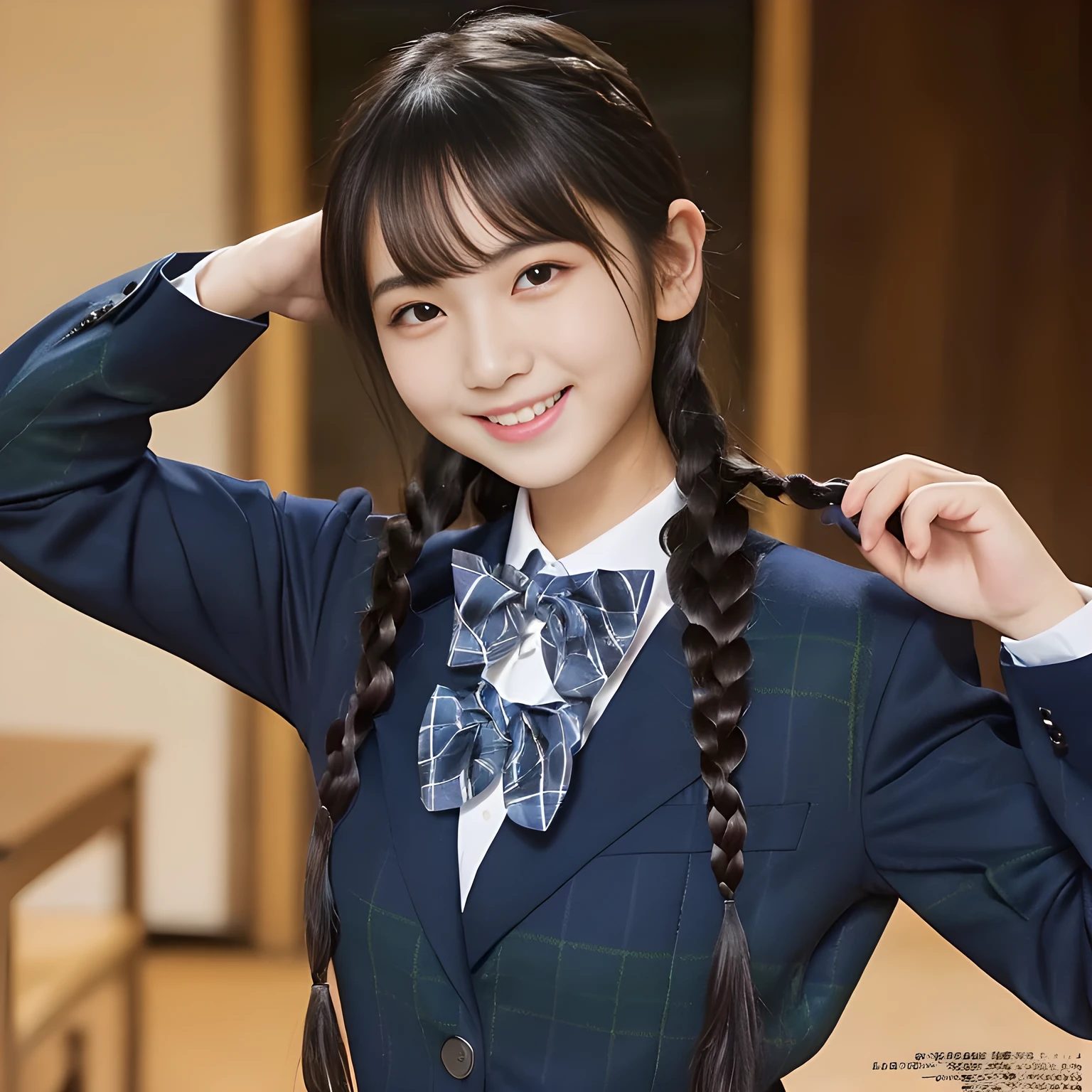 (highest quality, masterpiece:1.2), highest quality, Realistic, photograph, High resolution, 1080p, 8K, Physical Rendering, ((Height: 155cm)), ((((((Some 14 year old beautiful Japanese fashion magazine's fashion models are looking straightly at the viewer)))))), (((big very detailed beautiful dark brown eyes))), ((((Everyone is loving and laughing at me!)))), detailed fingers, (((curled blunt bangs))), ((((Very noble and cute eyes, carefully drawn with great attention to detail)))), ((double eyelids)), (((long eyelashes))), ((cute lovely lovely laughing laughing cheeks)), ((The pure white light hits my nose and cheeks. Her eyes and white facial skin shine beautifully white.)), (((((Her facial features are very expressive noble smile, very sweet, very very intelligent))))), ((((impressive plain navy large school ribbon bow tie in plain)))), ((((black very beautiful and very long braids hair)))), (((blue and navy colored tartan checkered formal long pleated skirt))), ((((A formal dark blue blazer in solid that is slightly oversized and with a golden emblem)))), ((As elegant as a noble princess)), ((Dancing in a light white women's classroom)), ((The whole body with impressive noble skirt from the side))