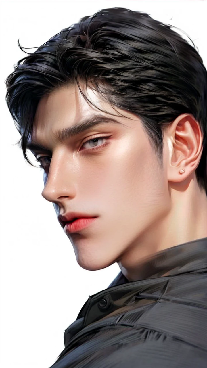 Masterpiece of man, Adult man with firm facial features like an Dutch, black eyes, his nose is sharp, mature, black eyes, neat short black hair, very handsome, white, clean, smooth skin, muscle realistic, 