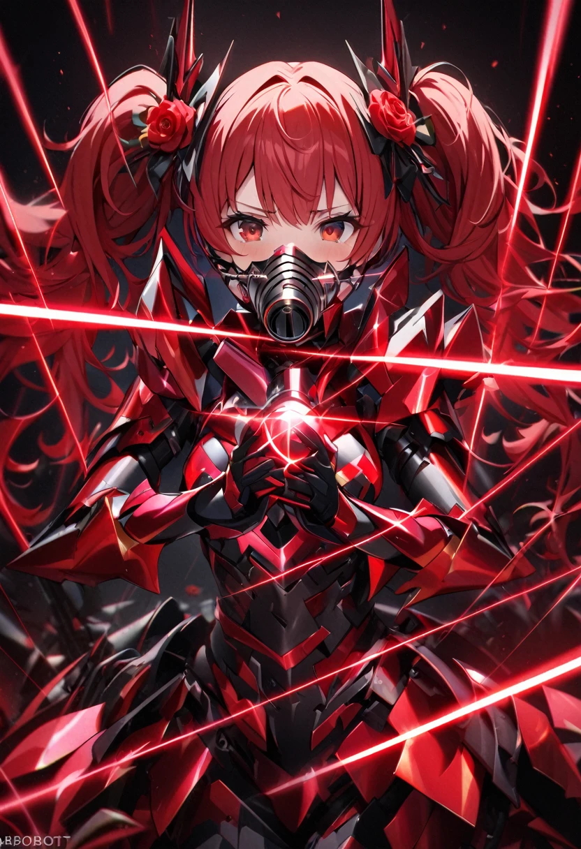 High quality, high definition, hig
h precision images,8k 1 Robot Girl、red hair,Twin tails,Red eyes ,She's wearing flashy robot armor、((with both hands with a laser rifle, ))(((Laser is emitted from the rifle's muzzle))(A background with lots of red roses,)

