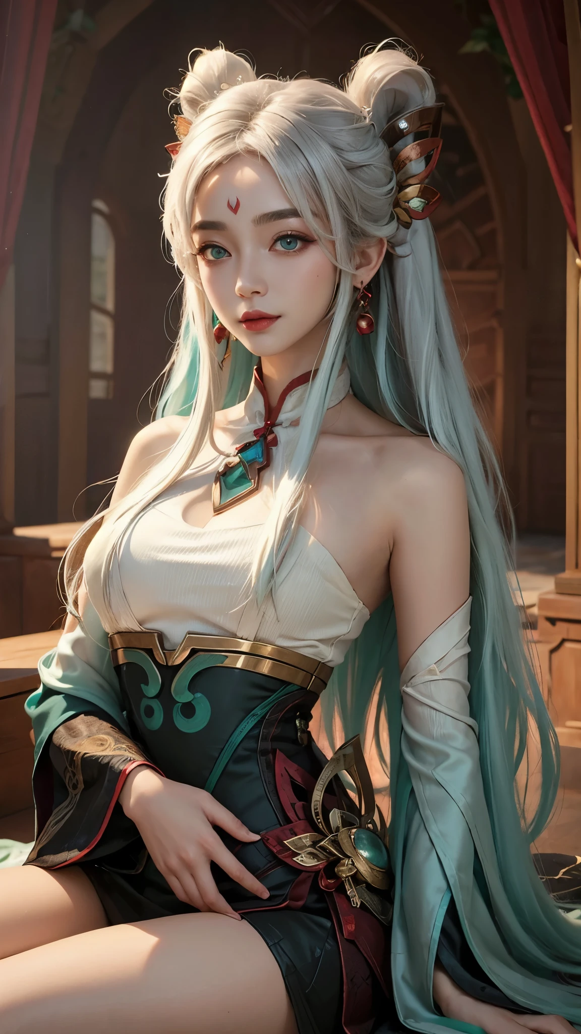 (masterpiece, best quality:1.2), intricate details, mythmaker irelia, 1girl, hair ornament, hair rings, bare shoulders, dress, detached sleeves, forehead mark, multicolored hair, white hair, earrings, green eyes, textured skin, looking at viewer, solo, light smile, (mature female:1.2)