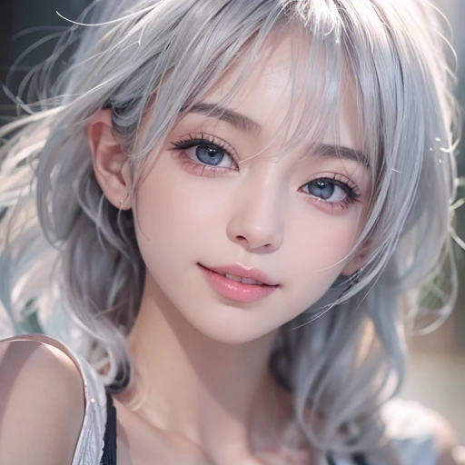 (masterpiece:1.3), (8k, Realistic, RAW Photos, Best image quality: 1.4), Fair-skinned fairy woman、short hair、Cleavage:2.0、Highly detailed face、Attention to detail、double eyelid、Sharp focus:1.2、Beautiful woman:1.4、Silvery white hair、highest quality、masterpiece、Ultra-high resolution、(Realistic:1.4)、Highly detailed and professionally lit smiles、Loose, Light,Japanese high 、 one person、whole body,　I eat breakfast 