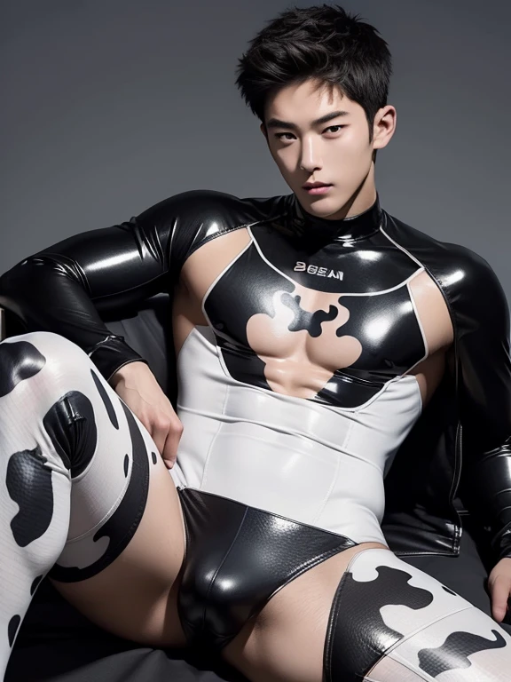 Korean, teenager, latex、Cow pattern、Holstein Print Bodysuit、bulge , Visible up to the legs、whole body , realistic good looking Korean face , Natural Muscle , Beardless face、masterpiece、High resolution、Hyperrealism、Detailed face、alone、male、Glowing Skin、(Asian)、(young、teenager)、good looking、Detailed Background、good looking