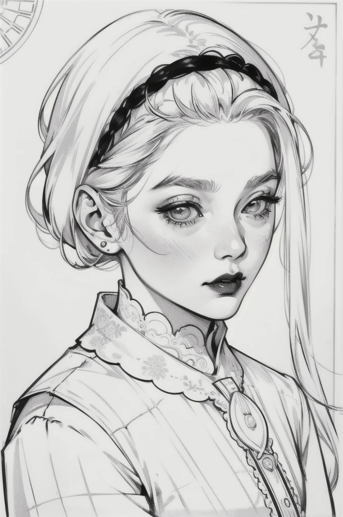 Drawing of a mature woman, realistic portrait, goth asian girl, white hair and outfits, horror look. Best lineart, clean flat lineart, Black and white monochrome, thin pen lines. No colors or shading. Flat white background