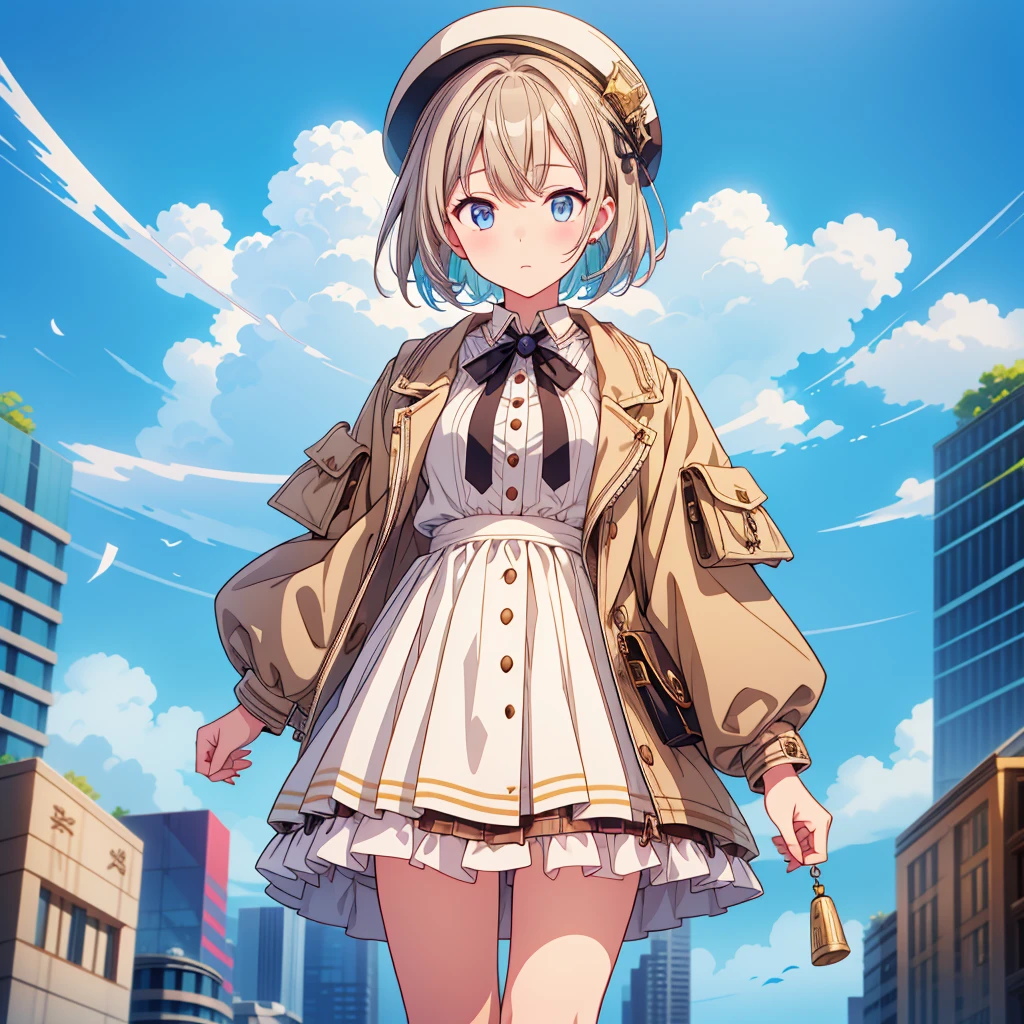 One girl、highest quality、VTuber - whole body、Milky white short hair、masterpiece、Official Art、The best configuration、Long straight hair with milky white top and blue tips、Sherlock Holmes costumes、Brown and dark brown checked newsboy hat、poncho、Brown spring coat、、magnifying glass、Detective、Pocket watch hanging around neck、Stand in front of the audience、Simple Background、