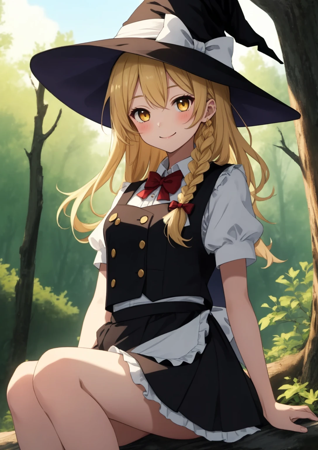 (masterpiece, best quality:1.2), extremely detailed, soft ambient lighting, sharp focus, 4K, BREAK kirisame marisa, 1girl, blonde hair, witch hat, yellow eyes, long hair, vest, apron, bow, short sleeves, hat bow, braid, y sleeves, skirt, BREAK outdoors, forest, nighttime, starred sky, looking at viewer, gentle smile, sitting