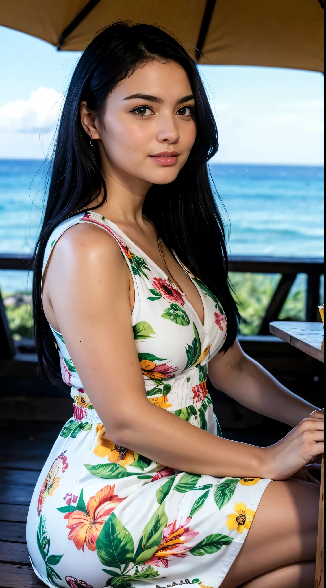 (8k, RAW photo, best quality, depth of field, ultra high res:1.2), (intricate, photorealistic, masterpiece, ultra-detailed), dynamic lighting, a woman in an outdoor restaurant overlooking the ocean, table has food and drinks, candles, vibrant colors, she is styling with a Hawaiian dress, detailed expressive eyes, bright mood lighting,