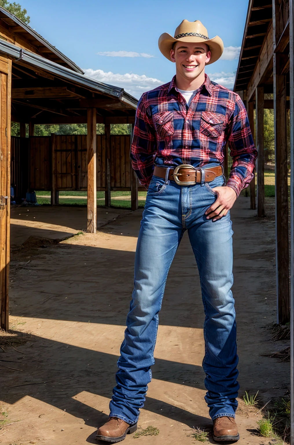 outdoor, standing in front of barn, Dustin Kane, Smile, Sexy denim, Cowboy hat, red plaid shirt, Denim blue jeans, belt, shiny silver belt buckle, (((Full body portrait))), Wide Angle, (looking at the audience) 