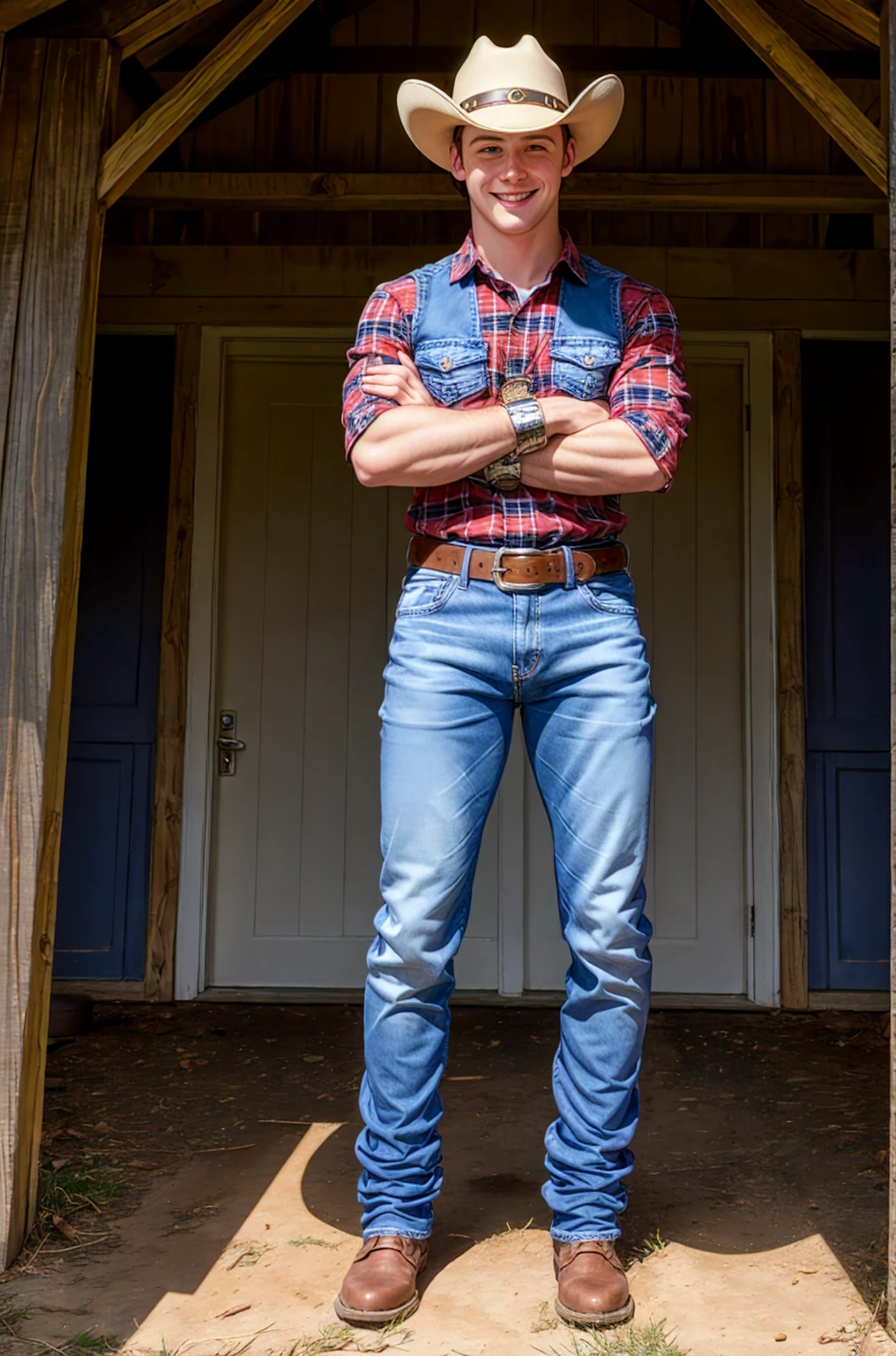 outdoor, standing in front of barn, Dustin Kane, Smile, Sexy denim, Cowboy hat, red plaid shirt, Denim blue jeans, belt, shiny silver belt buckle, (((Full body portrait))), Wide Angle, (looking at the audience) 