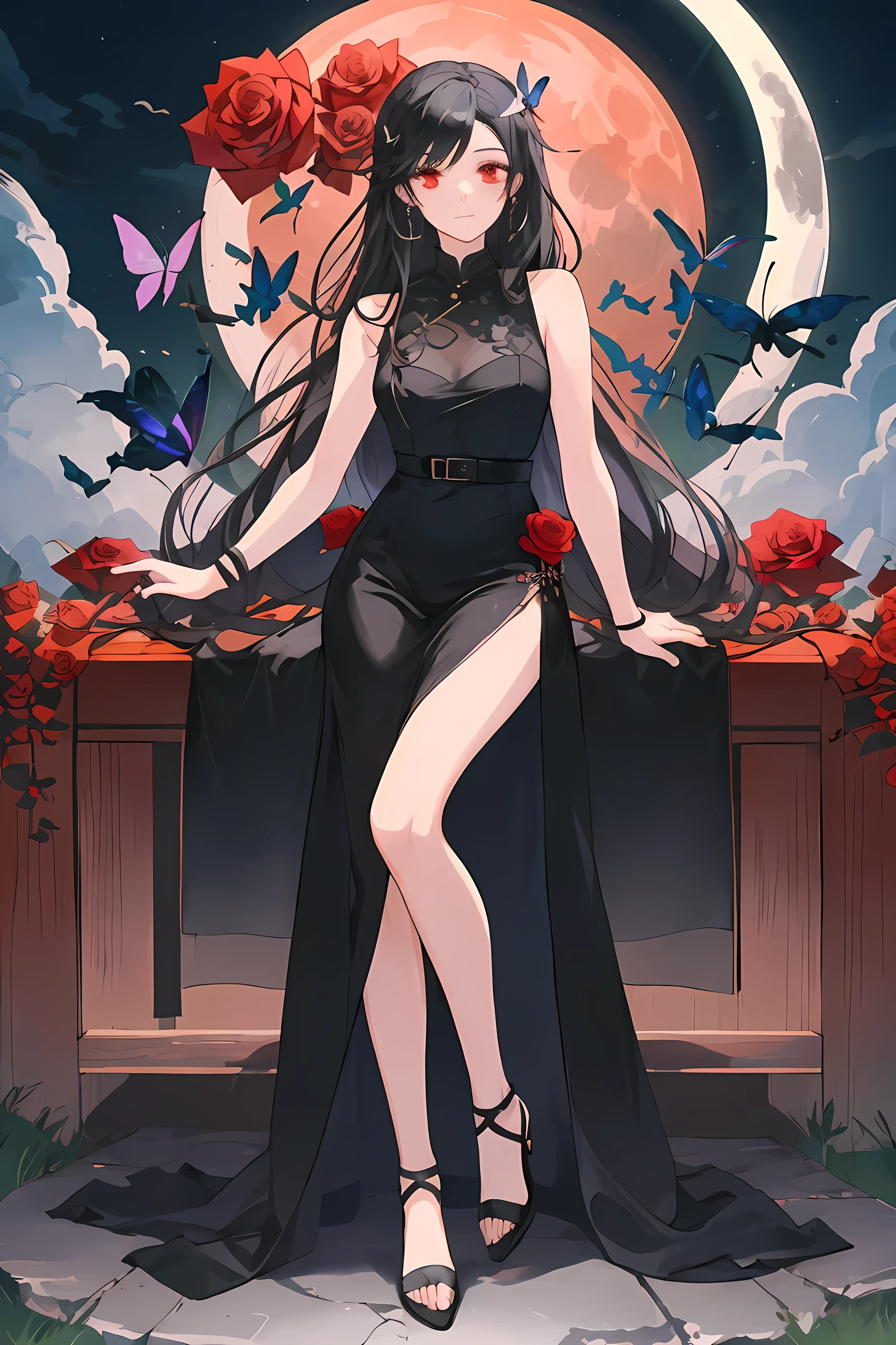 Masterpiece, best quality,  A woman with black hair, long hair, red eyes, black see-through sleeveless dress that goes down to the ankles, night scenery with the moon visible, rose hairpin, butterfly, rose, cartoon character, full body