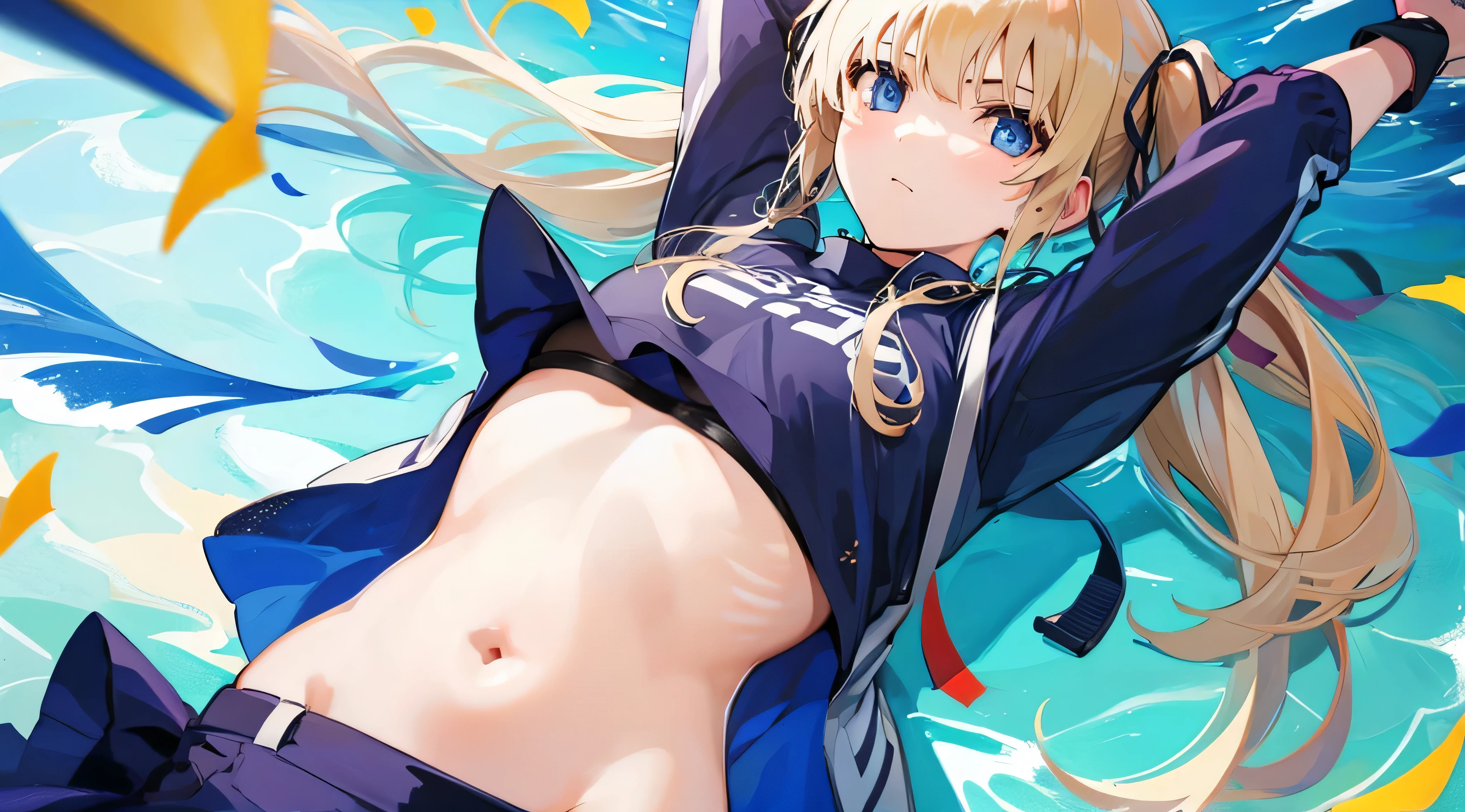 1 girl、belly button、Put your arms behind your back