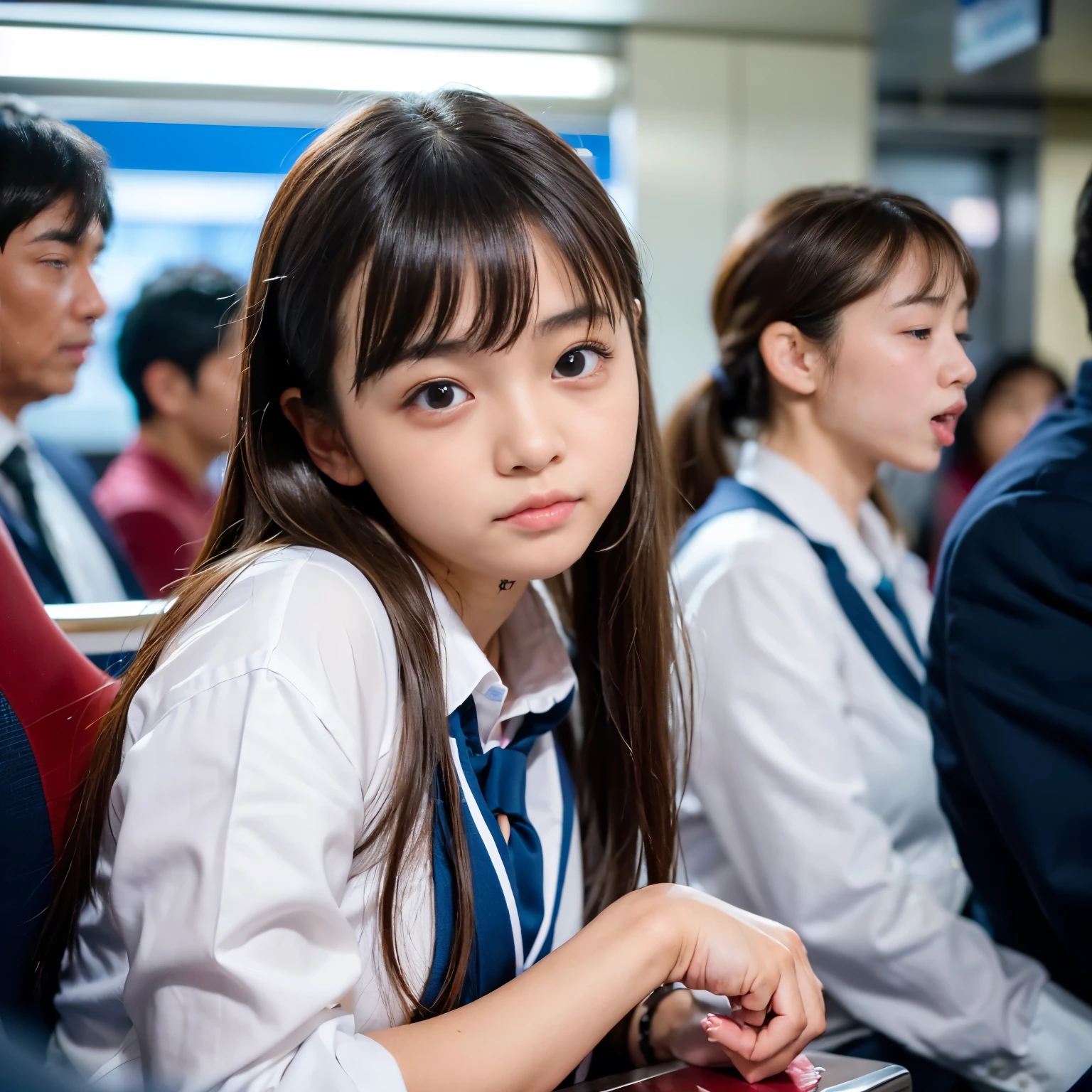 (Best-quality, Masterpiece, Ultra-High-Resolution, (Photorealistic:1.4), Raw Photo, depth of field, professional lighting, perfect anatomy, extremely details), 1girl, -yeld, thost famous Japanese idol, on crowded-train, ((wearing Japanese high-school uniform)), ((((extremely cute orgasm-face, extremely cute and extremely big orgasm-eyes, extremely beautiful orgasms-skins))):1.2), looking at viewer, detailed crowded-train