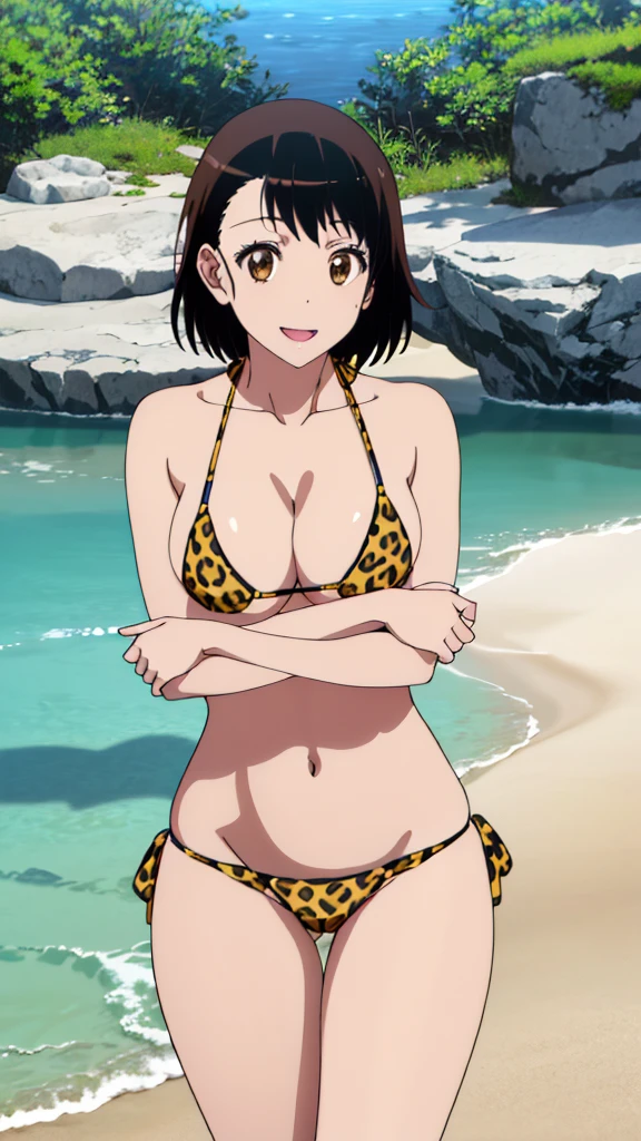 (masterpiece, 4K, highest quality, anime style: 1.9, Detailed face, Lovely, Ocean,Bold Line, High resolution, anime, Lake 4. alone, Curvaceous, Thighs, Cleavage, Center of chest, smile, Please open your mouth wide, 非常にslimなお腹, Cowboy Shot, (Leopard print bikini),1 girl,Brown eyes、Light brown short hair,slim,