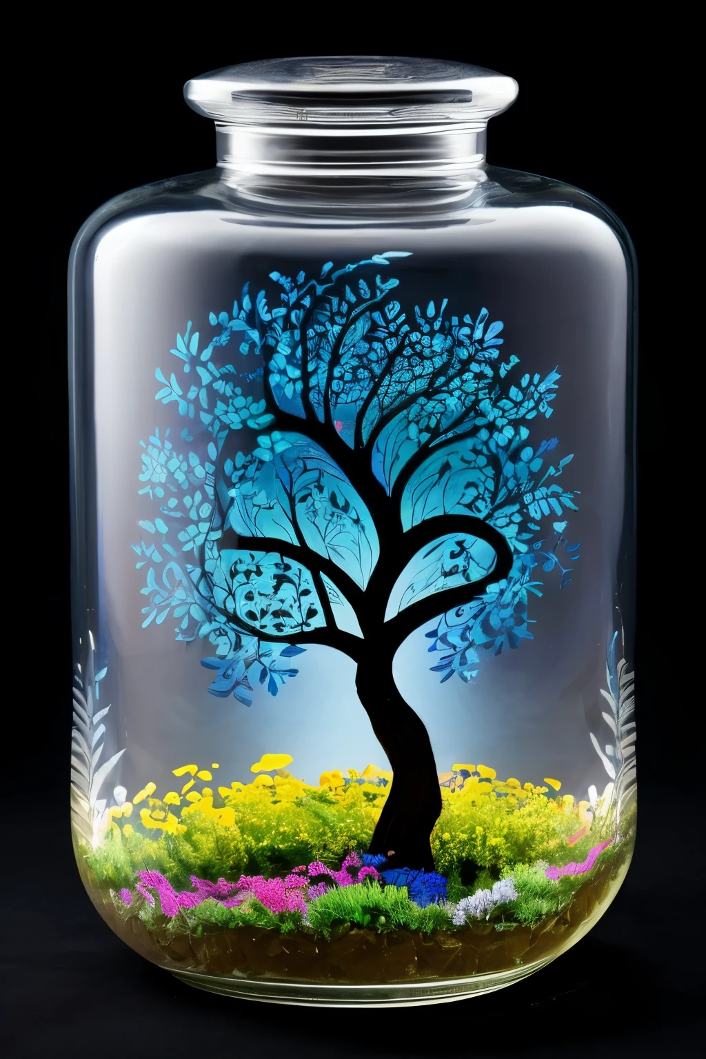 adult nymph tale the product i am envisioning is a decorative glass jar, featuring a hand painted tree design. the tree, with its intricate blue and yellow spiral patterns, stands tall within the confines of the jar. the dark brown trunk of the tree winds its way upwards, providing support to the lush foliage. at the base of the tree, an array of colorful flowers bloom, adding vibrancy to the scene. the background within the jar showcases a black silhouette of swirling clouds, creating a sense of depth and dimension. the entire artwork is set on a bed of green leaves and small rocks, further enhancing the naturalistic feel of the piece. this jar can be used as a centerpiece or as a unique home decoration item, showcasing creativity and artistic flair. . magical, fantastical, enchanting, storybook style, highly detailed
