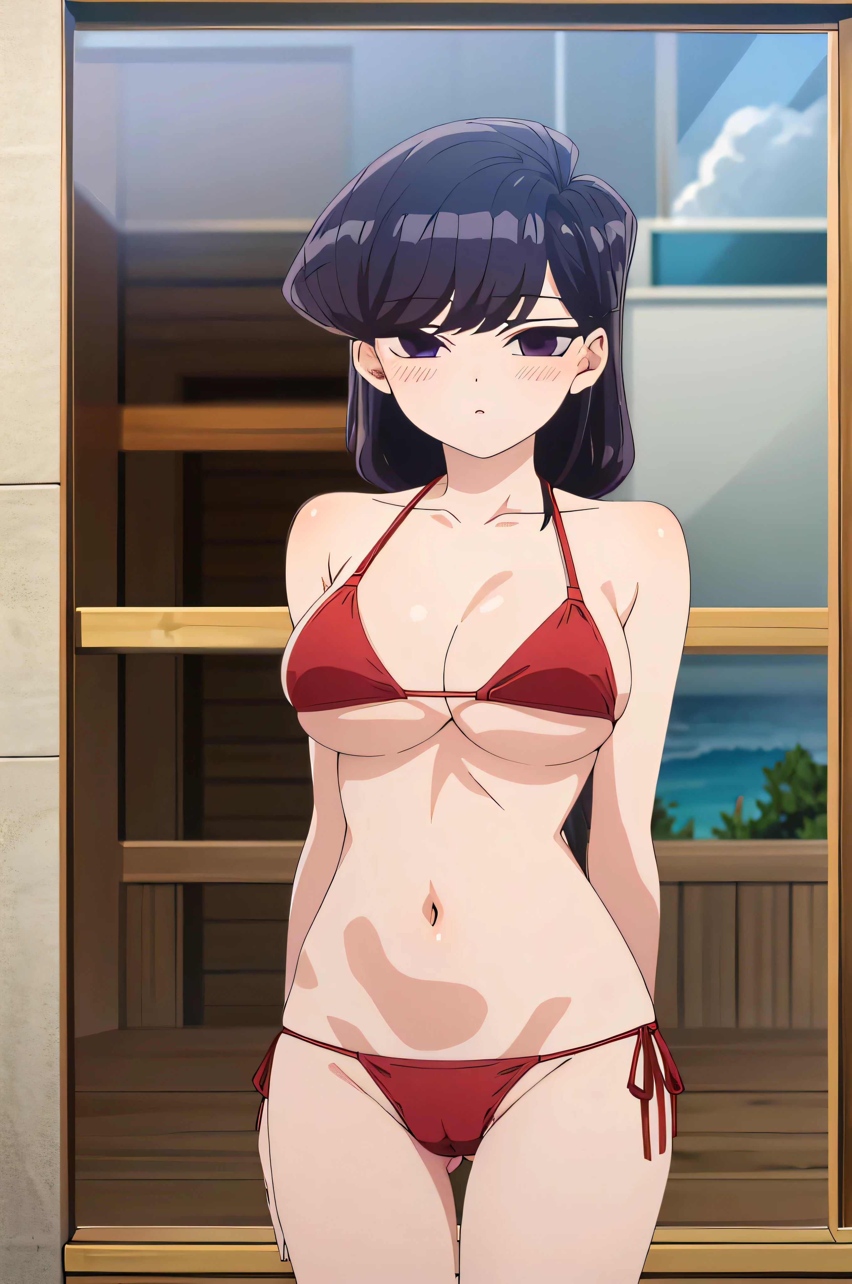 shokokomidef, purple hair, purple eyes, long hair, absurdres, 1girl, looking at viewer, v arms, ((extremely detailed CG unity 4k wallpaper)),(masterpiece),(ultra quality),(ultra-detailed),(best illustration),(best shadow),(Extremely Detailed),(absurdres),(detailed background), 1girl, solo, blush, looking at viewer, parted lips, bare shoulders, straddling, straddling viewer, masterpiece, 1girl, HDR, UHD, 4K, ocean, island, outdoors, bright sky, sunny, clear sky, red bikini, two piece bikini, thong panties, red thong, big breasts, cleavage, skinny, slim waist, slim stomach, slim, underboob, nice thighs, nice ass, big ass, cameltoe, full frame, upper body in frame, cowboy shot, portrait,
