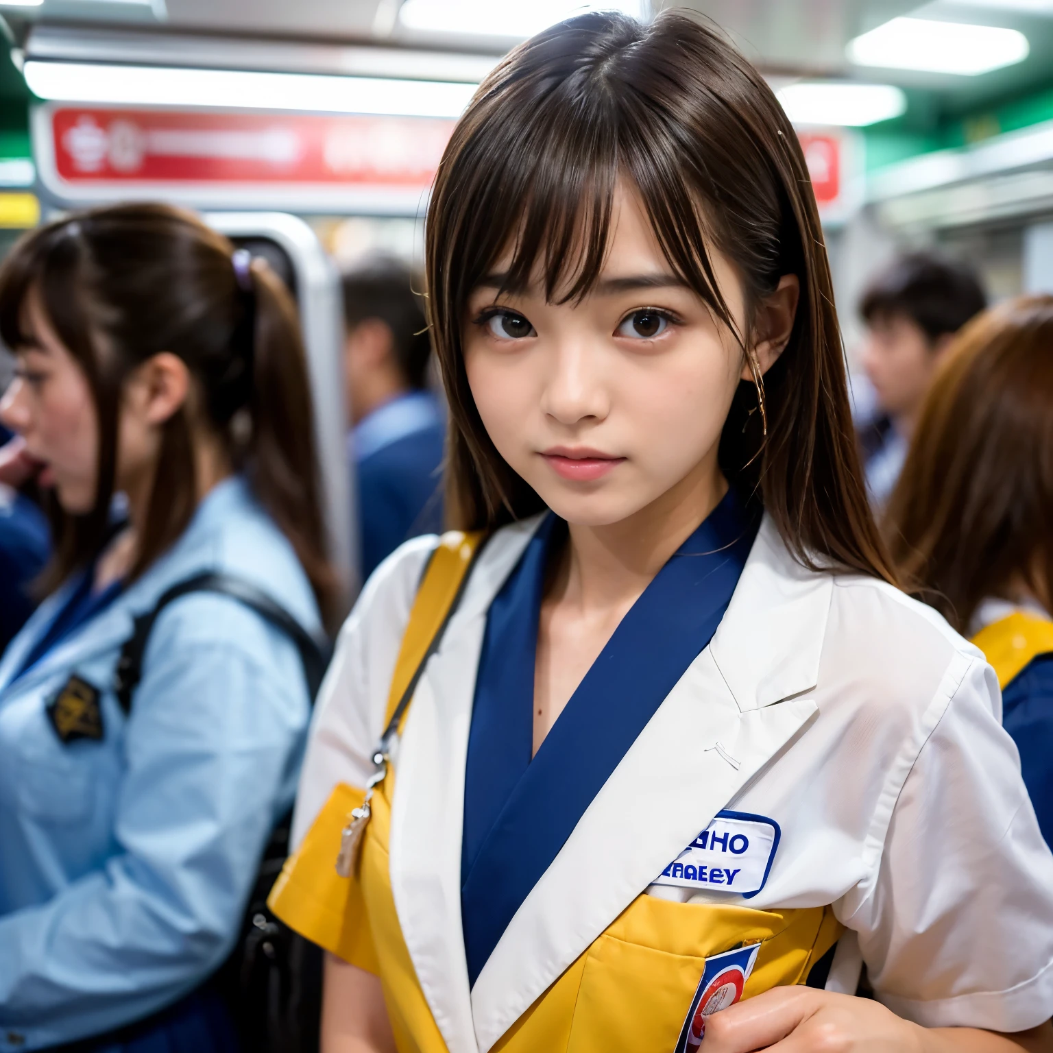 (Best-quality, Masterpiece, Ultra-High-Resolution, (Photorealistic:1.4), Raw Photo, depth of field, professional lighting, perfect anatomy, extremely details), 1girl, 15-years-old, the most famous Japanese idol, on crowded-train, ((wearing Japanese high-school uniform)), ((((extremely cute orgasm-face, extremely cute and extremely big orgasm-eyes, extremely beautiful orgasms-skins))):1.2), looking at viewer, detailed crowded-train