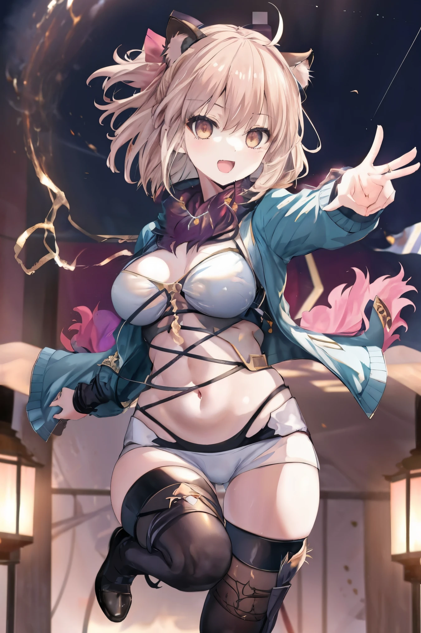 masterpiece, best quality,extremely detailed CG unity 8k wallpaper,
1girl,okita souji \(fate\),
 smile,open_mouth,jumping,middle_breasts,navel,thighs,happy,gold_eyes,half_eyes,apart_thighs,apart_knees,rising_knee,,covered_pussy,dangerousbeast,(dangerousbeast:1.5),perfect_hands,single_up_hair,jacket,thigh-highs,