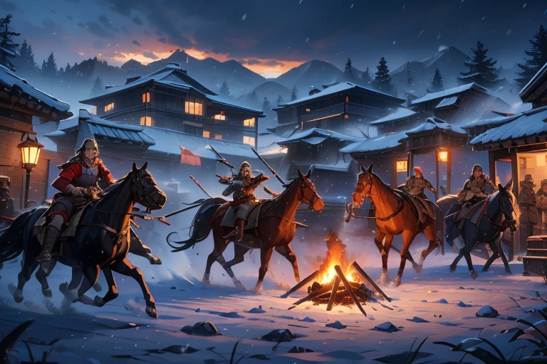 masterpiece,best quality,Multiplayer,Soldier,snowstorm,night,bonfire,Pike,knife,arms,,banner,horses,smoke,Monte,Night