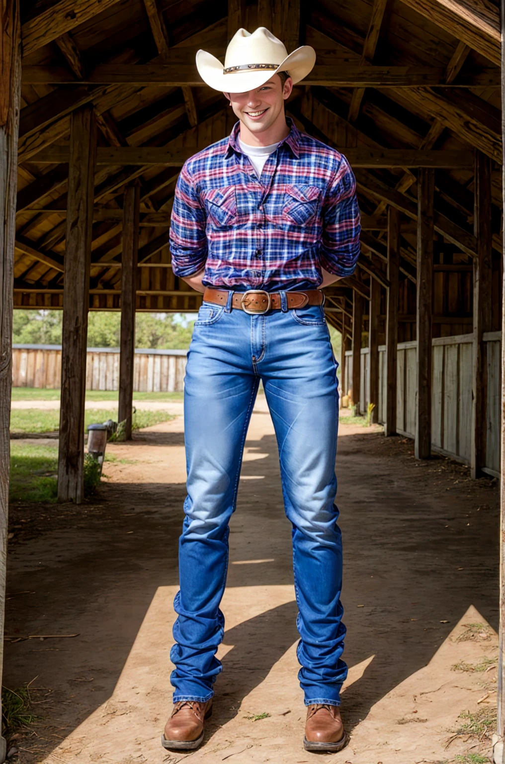 outdoor, standing in front of barn, Dustin Kane, Smile, Sexy denim, Cowboy hat, red plaid shirt, Denim blue jeans, belt, shiny silver belt buckle, (((Full body portrait))), Wide Angle, (looking at the audience) 