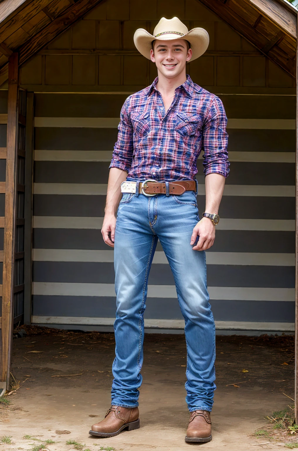 outdoor, standing in front of barn, Dustin Kane, Smile, Sexy denim, Cowboy hat, red plaid shirt, Denim blue jeans, belt, shiny silver belt buckle, (((Full body portrait))), Wide Angle, (looking at the audience) 