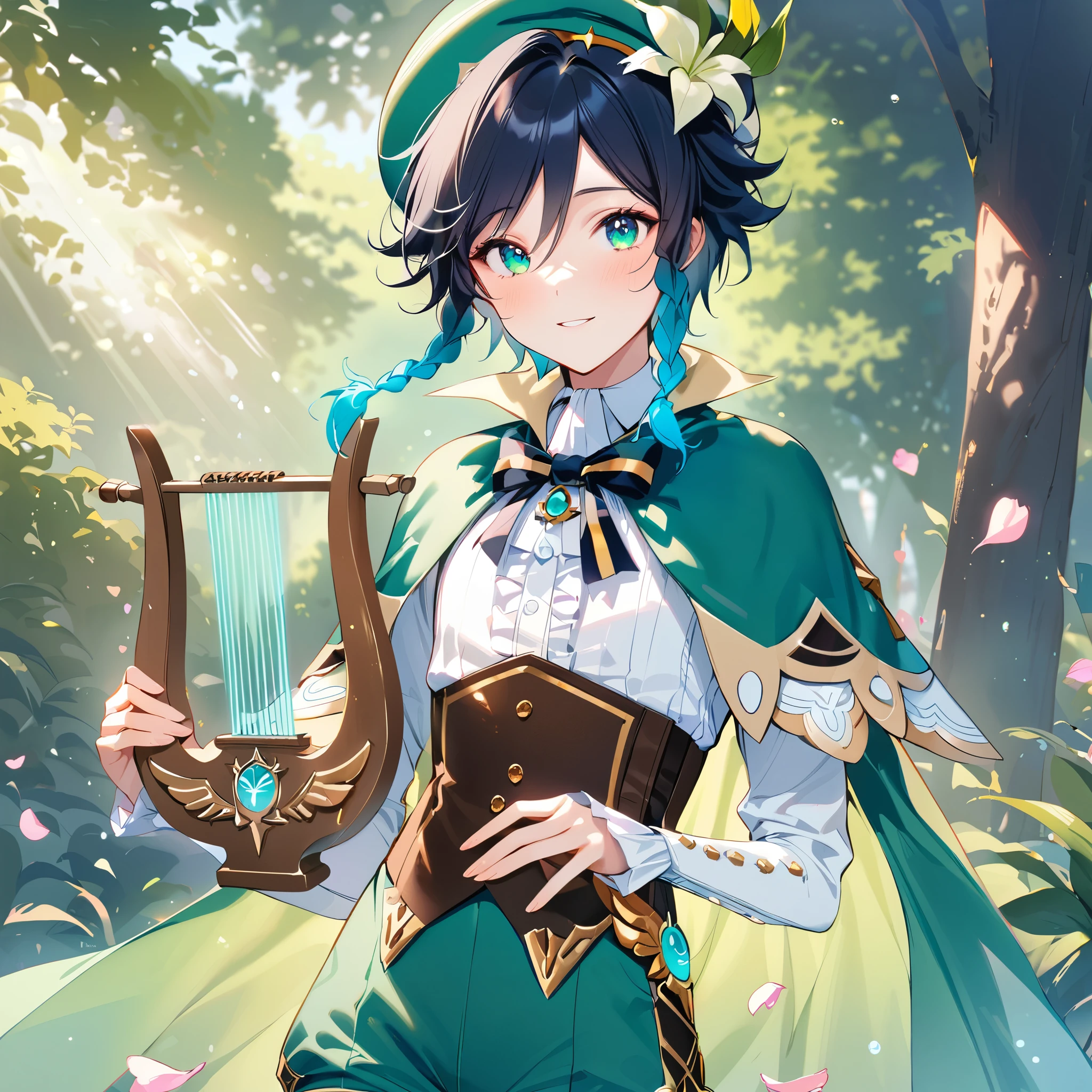 (best quality,4k,8k,highres,masterpiece:1.2),1boy,venti genshin impact,male focus,flat chest,playing holy lyre,ultra-detailed,realistic,(dsmile:0.5),morning of spring,delicate light rays,rich color palette,elegant curves,effects of light and shadow,flower petals falling,springtime essence,ethereal atmosphere,peaceful garden background,morning dew,soft sunlight filtering through trees,lush plants,komorebi,vividly colored blossoms,transcendent beauty,awe-inspiring artwork,white long-sleeved shirt, brown corset,green shorts, white tights,green cape,hat,brooch,green eyes,flirty smile,cinematic lighting, ray tracing, UHD, high details, high quality, award winning, super detail, 