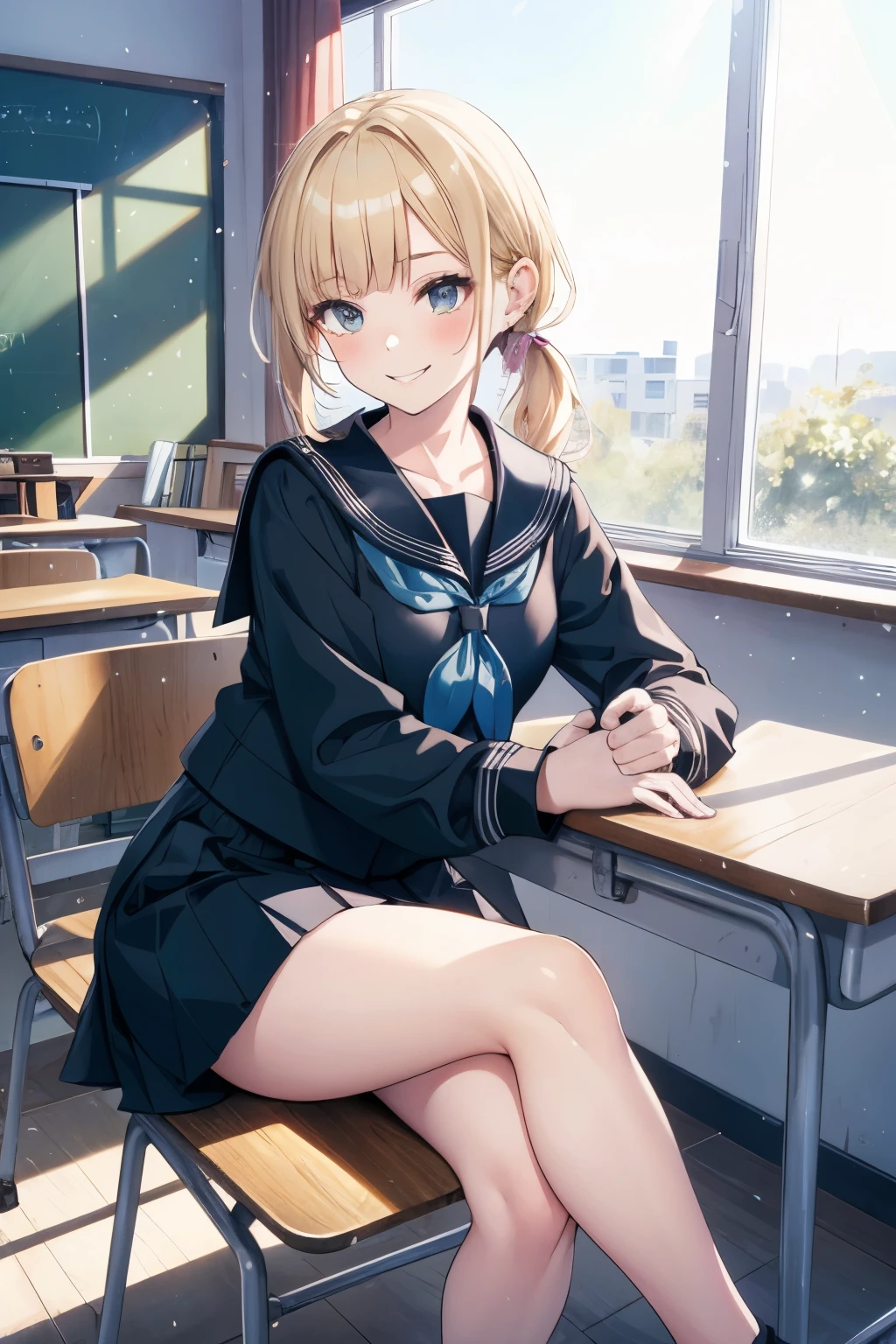 cowboy shot, 1girl, gal, sitting on table, crossed_legs, , serafuku, blonde hair, pony tail, evil smile, indoor, classroom, table, blackboard, window, masterpiece, best quality