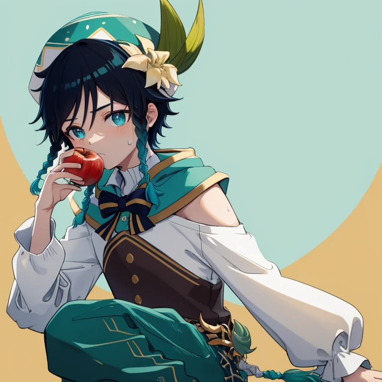 Highres, Masterpiece, Best quality at best,Best Quality,hight quality, hight detailed, 1boy, Venti, solo, Young boy, medium hair length, braids, dark blue hair color, cyan highlights in hair, calm expression, kind expression, Simple background, detailed eyes, Sleeves hoodie, White hoodie, Bare shoulder, green pants, short pants, bow tie, green hat, jewels, cyan, eating red apple, (very young boy), (very small and short body), s, Sweat