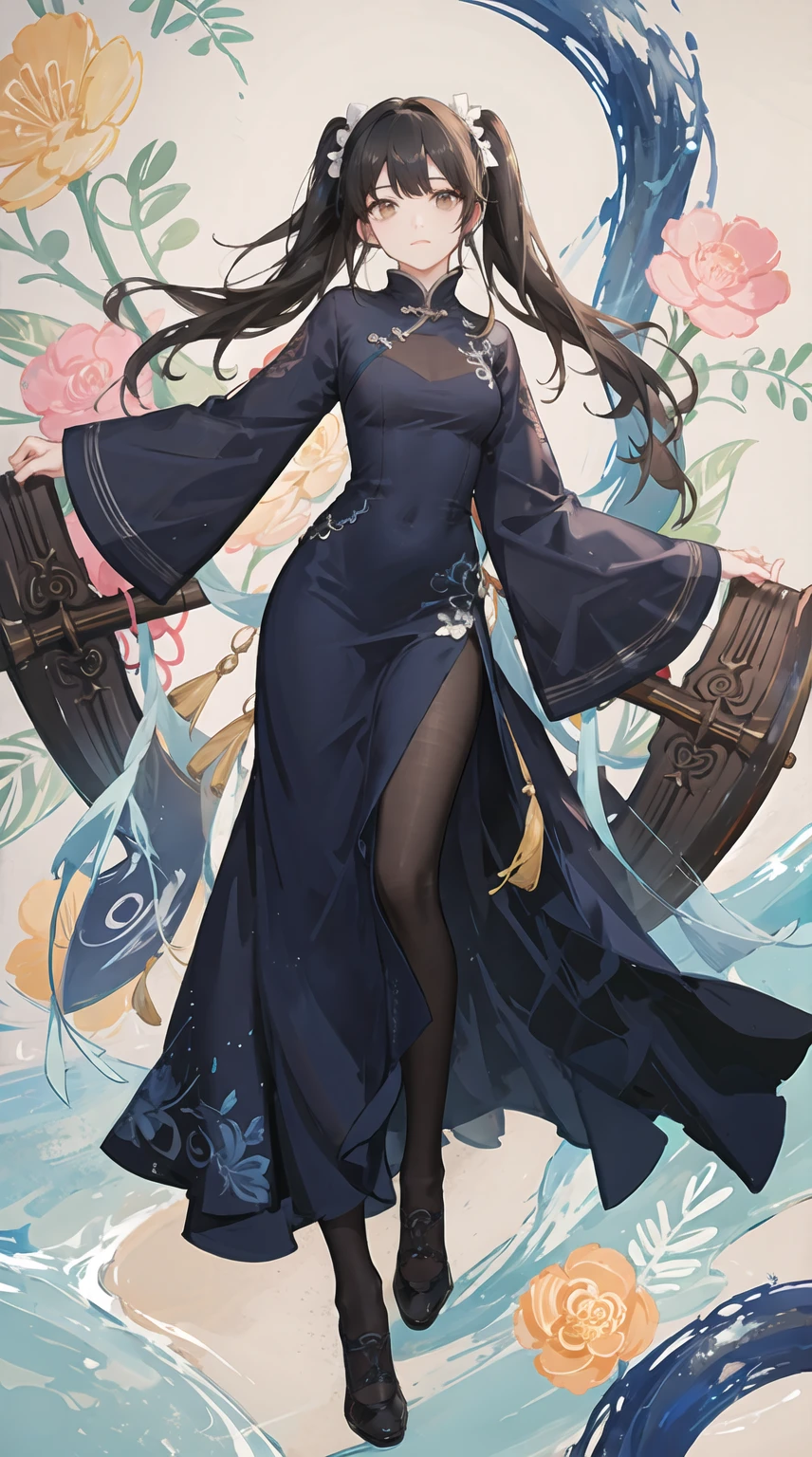 girl,whole body,(Detailed face:1.2), masterpiece, fashion,China dress,, Medium Hair, Black Hair, Twin tails, Blunt bangs, Brown eyes,